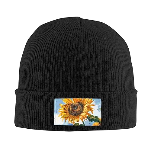 VVTDESA Sunflowers Printed Beanie for Men Women Warm Winter Skull Knit Hats Cuffed Cap,Black Black One Size