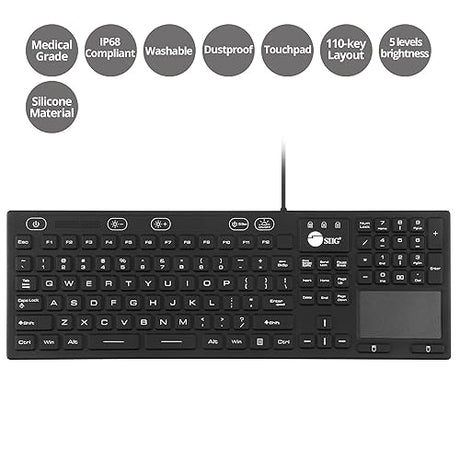 SIIG Wired Silicone Washable USB-A Keyboard with Touchpad, 110-key Layout, Industrial & Medical Grade, Dustproof, IP68 Compliant, 5 Levels Brightness, Silent & Quiet, Windows, Mac (JK-US0W11-S1)