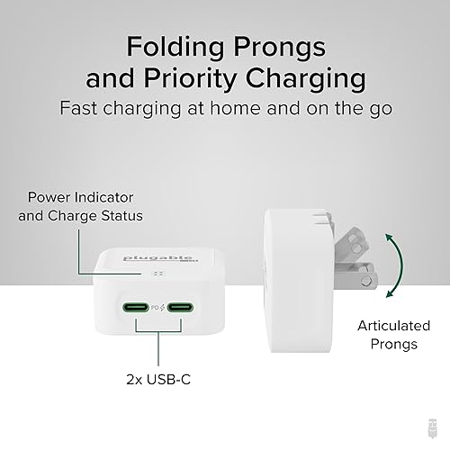 Plugable Dual USB C Charger Block, 40W Foldable 2-Port Fast Charging Flat USB C Wall Charger, Power Delivery for iPhone 15, iPad, AirPods, Samsung Galaxy, Pixel (PS-40C2W) White