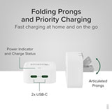 Plugable Dual USB C Charger Block, 40W Foldable 2-Port Fast Charging Flat USB C Wall Charger, Power Delivery for iPhone 15, iPad, AirPods, Samsung Galaxy, Pixel (PS-40C2W) White