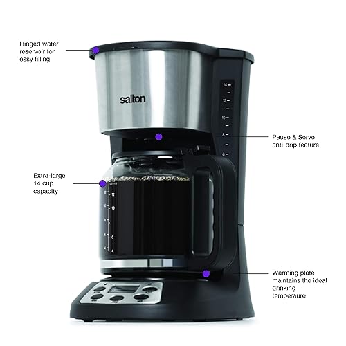 Salton Jumbo Java 14 Cup Drip Coffee Maker, XL Capacity Glass Carafe with 24 Hour Programmable Timer, 2 Hour Keep Warm, Pause & Serve, Resuable Coffee Filter and Measuring Scoop Included, 1000 Watts (FC1667) Black