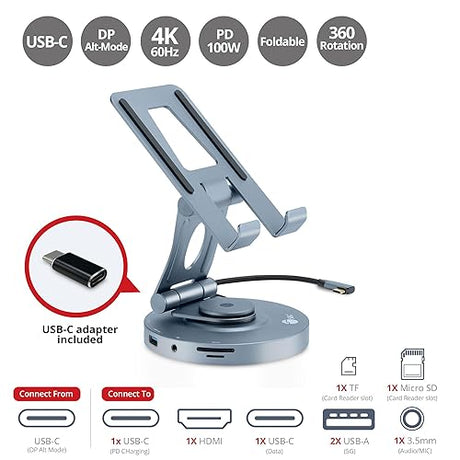 SIIG USB-C Hub Stand - iPhone 15 / iPad mini/Tablet Stand Docking Station, Rotatable Base/Foldable Holder, 4K 60Hz HDMI, USB-A & USB-C 5Gbps, PD 88W, 3.5mm Audio/Mic, SD/TF, for iPad/Surface Pro 9