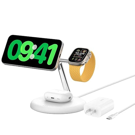 Belkin MagSafe-Compatible 3-in-1 Wireless Charger Stand 15W - Qi2-Certified Wireless Charging Station, Fast Charging of iPhone 16, AirPods, & Apple Watch - 36W Included - White White Gen 2