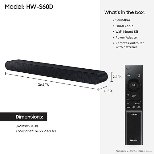 SAMSUNG S60D 5.0ch Soundbar w/Wireless Dolby Atmos Audio, All-in-One Design, Q-Symphony, SpaceFit Sound Pro, Adaptive Sound, Game Mode Pro with Alexa Built-in, HW-S60D/ZA HW-S60D Soundbar