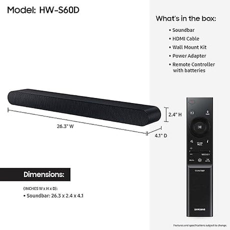 SAMSUNG S60D 5.0ch Soundbar w/Wireless Dolby Atmos Audio, All-in-One Design, Q-Symphony, SpaceFit Sound Pro, Adaptive Sound, Game Mode Pro with Alexa Built-in, HW-S60D/ZA HW-S60D Soundbar