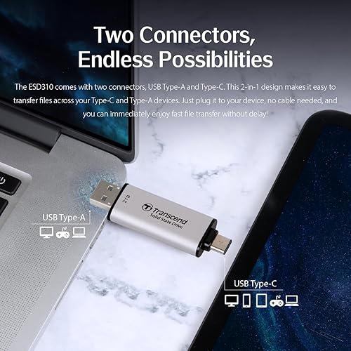 Transcend 2TB ESD310S, External Solild State Drive, Portable SSD, Compatible w/iPhone 4K ProRes, Up to 1050 MB/s,2-in-1 Design, Type A and C, Silver - TS2TESD310S 2TB Silver