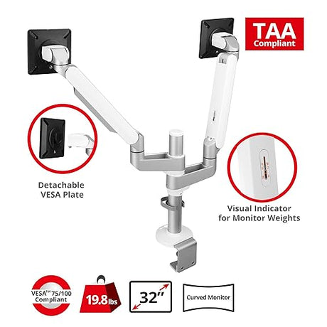 SIIG MTPRO Dual Monitor Arm Desk Mount, Fully Adjustable Mechanical Spring Design, up to 32 Display, Max 19.8 lbs per arm, VESA 75/100mm, Cable Management, BIFMA and TAA Compliant, CE-MT3W11-S1