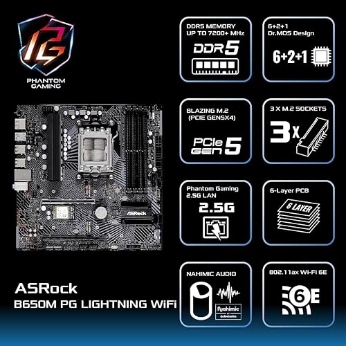 ASRock B650M PG Lightning WiFi 6E AMD Ryzen Socket AM5 B650 DDR5 7200 MHz 256 GB SATA3 6.0 Gb/s Micro ATX Motherboard M.2 RGB LED Micro ATX PG Lighting WiFi