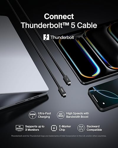 Belkin 3.3ft USB-C Thunderbolt 5 Cable w/ 240W Power Delivery, Bandwidth Boost Up to 120Gbps, 3x Faster Data Transfer, and 4K UHD Display Resolution - Intel-Certified Fast Charging USB-C Cable - Black