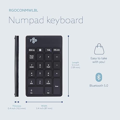 R-Go Number Pad Keyboard, Bluetooth Mini Numeric Keypad with LED Break Indicator, for Financial Accounting, Data Entry & Excel Spreadsheets, Rechargeable Wireless, Black Black Bluetooth