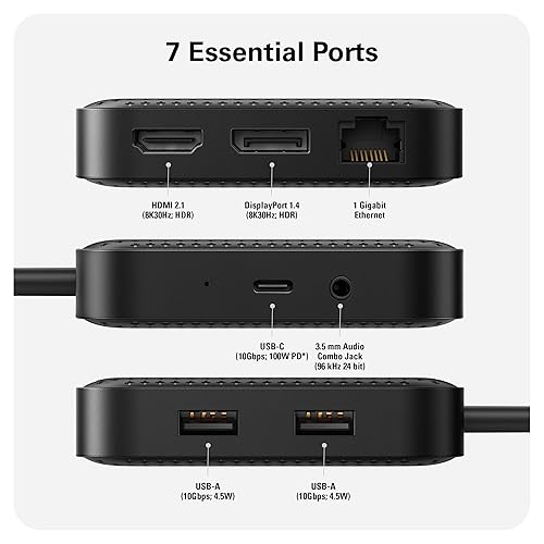 HyperDrive USB C Hub, USB4 Mobile Dock: USB4 PD 100W, DisplayPort 8K30Hz, HDMI 2.1 8K30Hz, USA-A 10Gbps X 2, Gigabit Ethernet, Audio Jack, USB-C PD 100W