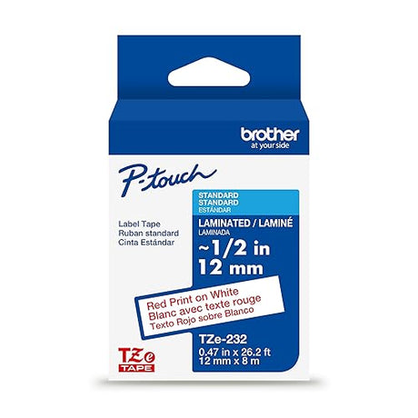 Brother Genuine TZe-232 Red on White Laminated Tape for TZe-Compatible P-Touch Label Makers, 12 mm Wide x 8 m Long