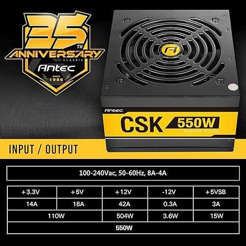 Antec Bronze Power Supply, CSK 550W 80+ Bronze Certified PSU, Continuous Power with 120mm Silent Cooling Fan, ATX 12V 2.31 / EPS 12V, Bronze Power Supply CSK550