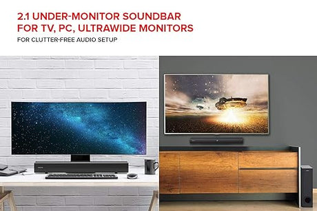 Creative Stage 2.1 Channel Under-Monitor Soundbar with Subwoofer for TV, Computers, and Ultrawide Monitors, Bluetooth/Optical Input/TV ARC/AUX-in, Remote Control and Wall Mounting Kit Soundbar + Subwoofer + Optical + TV ARC