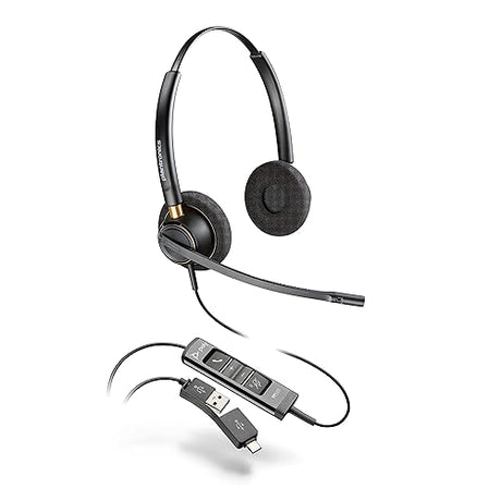 Poly - EncorePro 525 USB-A and USB-C USB Headset (Plantronics) - Acoustic Hearing Protection - Hold & Call Answer Buttons - Dual Ear Wearing Style,Black