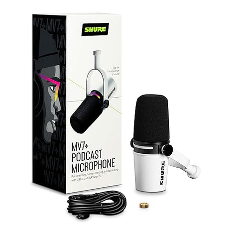 Shure MV7+ Podcast Dynamic Microphone. OBS Certified, Enhanced Audio, LED Touch Panel, USB-C & XLR Outputs, Auto Level Mode, Digital Pop Filter, Reverb Effects, Podcasting, Streaming, Recording -White USB - White