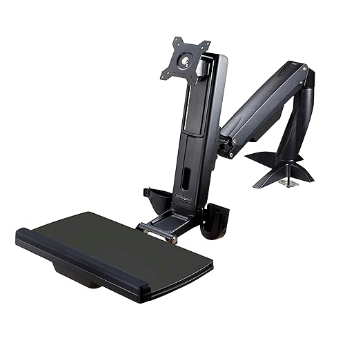 StarTech.com Sit Stand Monitor Arm - Desk Mount Adjustable Sit-Stand Workstation Arm for Single 27 VESA Mount Display - Ergonomic Articulating Standing Desk Converter with Keyboard Tray (ARMSTSCP1) Desk Mount – Spring Arm Black