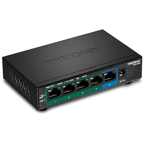TRENDnet 5-Port Gigabit PoE+ Switch, 32W PoE Power Budget, 10Gbps Switching Capacity, IEEE 802.1p QoS, DSCP Pass-Through Support, Fanless, Wall Mountable, Lifetime Protection, Black, TPE-TG52 5-Port 32W