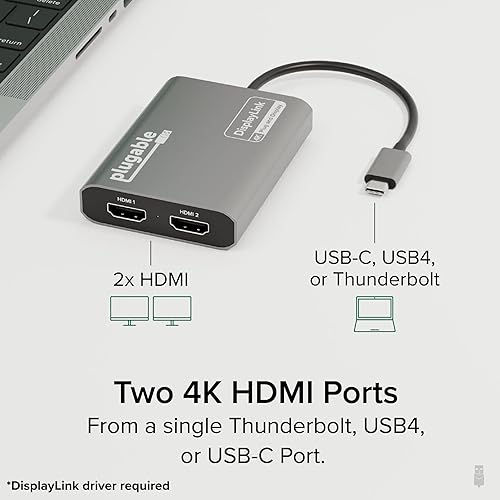 Plugable USB C to HDMI Adapter, Dual Monitor 4K 60Hz for Apple Mac M1/M2/M3, DisplayLink Multiple Displays for Thunderbolt MacBook or iMac, Driver Required (USBC-6950M)