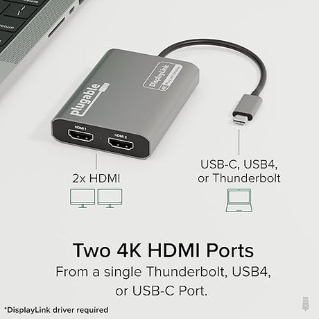 Plugable USB C to HDMI Adapter, Dual Monitor 4K 60Hz for Apple Mac M1/M2/M3, DisplayLink Multiple Displays for Thunderbolt MacBook or iMac, Driver Required (USBC-6950M)
