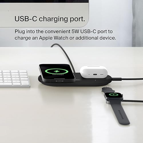 Belkin 2-in-1 Wireless Charging Pad w/ Qi2 15W + Additional USB-C Port - MagSafe-Compatible Charger, Charging Station for iPhone 16 & 15 Series, Samsung Galaxy S25 Series, AirPods, & More - Black Black 2 in 1 Pad (New)