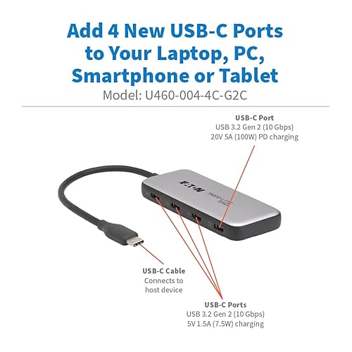 Tripp Lite Series 4-Port USB-C Hub, USB 3.2 Gen 2, 10 Gbps Data Transfer, 100W PD USB-C Charging Hub, Thunderbolt 3 Compatible, Plug-and-Play, Travel-Sized, 3-Year Warranty (U460-004-4C-G2C)