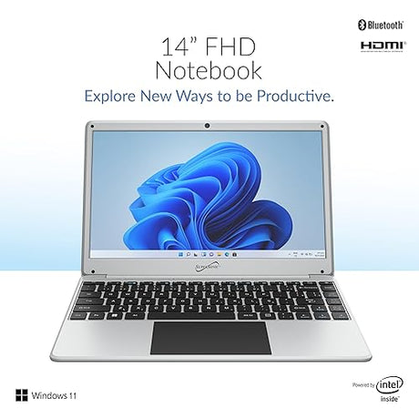 Supersonic SC-5514WNB 14-inch FHD Notebook Laptop, Intel Celeron N4120, 128GB Storage, 4GB RAM, Windows 11, 14 IPS Display, Bluetooth, Microsoft Office Trial, 2.0 Camera, Mini HDMI, Wi-Fi