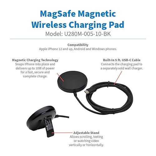 Eaton Tripp Lite Series Wireless Charger Pad, 10W Magnetic Phone Charging Pad, QI-Enabled Phone Compatible for iPhone & Android, 5ft Cable, Black, 1-Year Warranty (U280M-005-10-BK) Charging Pad Black