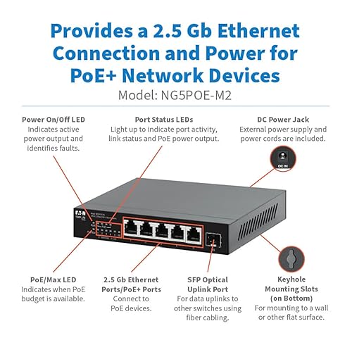 Tripp Lite 2.5 Gbps 5-Port Desktop Unmanaged Gigabit Ethernet Network Switch with PoE+, 70W, Metal Enclosure, Plug-and-Play, TAA Compliant, Wall Mount Option, Status LEDs, 3-Year Warranty (NG5POE-M2) 2.5 Gbps / PoE+ 5-Ports