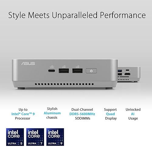 ASUS NUC 14 Pro+ Full System Mini PC with Intel 14th Gen Core Ultra 5 125H, 16GB DDR5 RAM, 512GB PCIe G4x4 NVMe SSD, Thunderbolt 4, Win 11 Home, Silver Aluminum Chassis, VESA Mount Included