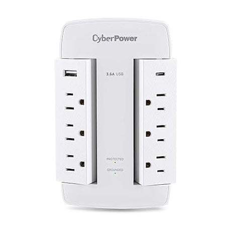 CyberPower CSP600WSURC5 Professional Surge Protector, 900J/125V, 6 Swivel Outlets, 1 USB-C Charge Port, Wall Tap Design, White