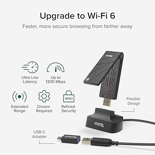 Plugable WiFi 6 USB WiFi Adapter for Desktop PC and Laptops, AX1800 USB 3.0 and USB C Wireless Adapter with 2.4GHz + 5GHz Dual Band Connection for Windows 10/11