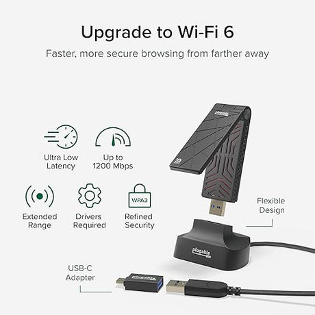 Plugable WiFi 6 USB WiFi Adapter for Desktop PC and Laptops, AX1800 USB 3.0 and USB C Wireless Adapter with 2.4GHz + 5GHz Dual Band Connection for Windows 10/11