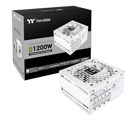 Thermaltake Toughpower GT 1200W; ATX 3.1; x2 Native PCIe 5.1 12V-2x6; Full Modular; Flat Cables; Color Matched Connectors; Japanese Main Capacitors; 80 Plus Gold; 140mm; Snow; PS-TPT-1200FNFAGU-W