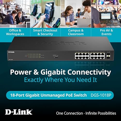 D-Link 16-Port Gigabit PoE+ Unmanaged Switch with 2 SFP Ports (DGS-1018P) – 240W Budget, 30W/Port, Plug-and-Play, Onboard Controls, QoS, Smart Fan, NDAA/TAA Standards