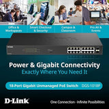 D-Link 16-Port Gigabit PoE+ Unmanaged Switch with 2 SFP Ports (DGS-1018P) – 240W Budget, 30W/Port, Plug-and-Play, Onboard Controls, QoS, Smart Fan, NDAA/TAA Standards