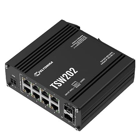 Teltonika TSW202 Managed PoE+ Switch, 8 x Gigabit Ethernet, 2 x SFP, Profinet Certified, Integrated DIN Rail Bracket, Durable Design