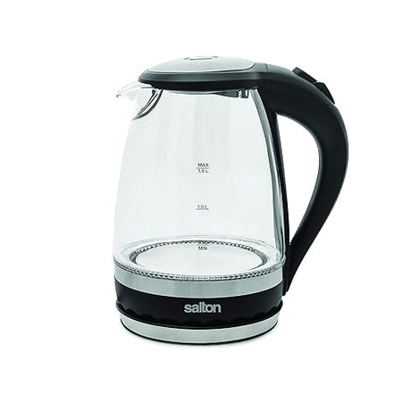 Salton Cordless Electric Compact Glass Kettle, Water Boiler and Tea Heater, Soft Blue Illumination, 1.5 Liter/Quart with Automatic Shut-Off and Boil-Dry Protection, 1100 Watts (GK1831)