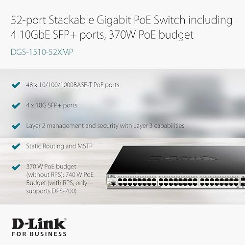 D-Link 48-Port Gigabit Stackable Smart Managed PoE Switch with 4 10GbE SFP+ Ports, 370W Power Budget 52 Port, 48 POE 370W, 4 SFP+