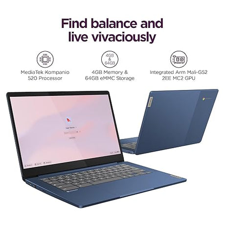 Lenovo IdeaPad Slim 3 Chromebook for Student Business - w/256GB Micro SD Card, 14'' Full HD Display, MediaTek Kompanio 520 CPU, Wi-Fi 6, 720p Webcam, Chrome OS, Abyss Blue(4GB RAM | 64GB eMMC) 4GB | 64GBeMMC