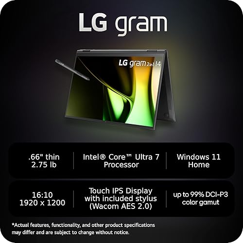 LG gram 14-inch 2in1 Lightweight Laptop, Intel Evo Edition - AI-Enabled Intel Core Ultra 7 Processor, Windows 11 Home, 16GB RAM, 1TB SSD, Touch IPS Display, Black Intel Ultra 7 16 GB 1 TB