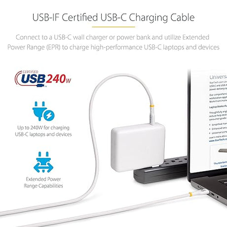 StarTech.com 13ft White USB-C Charging Cable, USB-IF Certified USB C Cable, 240W PD, USB 2.0 Type-C Laptop Charger Cord, M/M