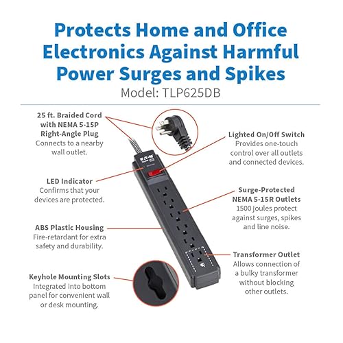 Eaton Tripp Lite Series 6-Outlet Surge Protector Power Strip, Flat Plug 25ft Braided Extension Cord, 1500 Joules, 15A Circuit Breaker, Lifetime Manufacturer's Warranty & $10,000 Insurance (TLP625DB)