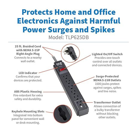 Eaton Tripp Lite Series 6-Outlet Surge Protector Power Strip, Flat Plug 25ft Braided Extension Cord, 1500 Joules, 15A Circuit Breaker, Lifetime Manufacturer's Warranty & $10,000 Insurance (TLP625DB)