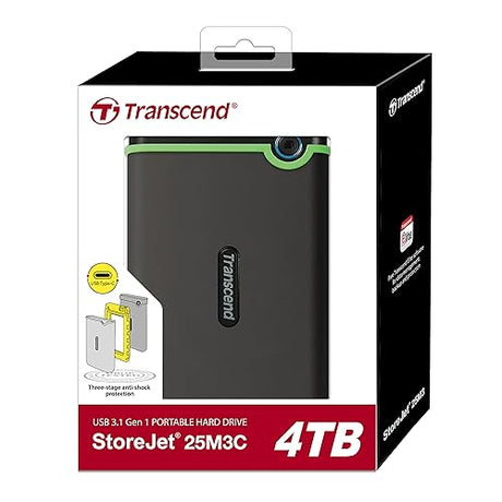 Transcend 4TB USB 3.1 Gen 1 USB Type-C StoreJet 25M3C Rugged External Hard Drive TS4TSJ25M3C, Green 4TB Type C to Type C Green