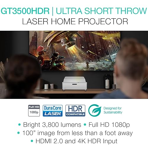 Optoma GT3500HDR Projector with Enhanced Gaming Mode 8ms Input Lag - Ultra Short Throw, 1080p Full HD, 4K HDR Input, 3800 Lumens Brightness, DuraCore Laser, Built-in Speaker, IP6X Dust Resistant Laser, Contrast: 500,000:1