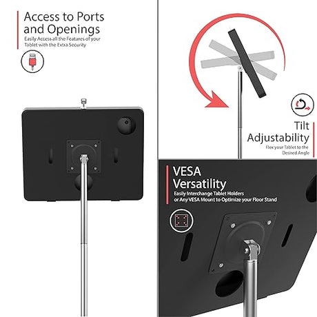 Locking Floor Stand - CTA Compact Mobile Floor Stand with Universal Locking Paragon Enclosure for iPad 9th Gen 10.2”, Galaxy Tab 9.7”, Surface Go 3, & More (PAD-PARACGS) - Black