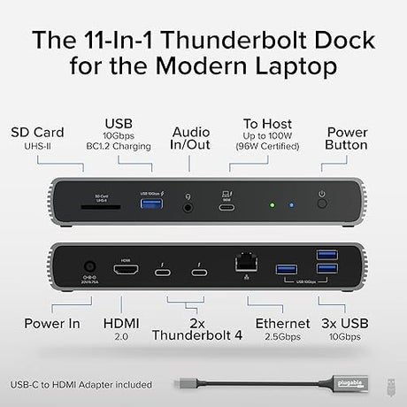 Plugable Thunderbolt 4 Dock for Dual 4K or 8K Display – 100W Charging Docking Station for MacBook Pro and Windows Laptops with 11 Ports, 3X Thunderbolt, Ethernet, USB, and SD Card (TBT4-UDX1)