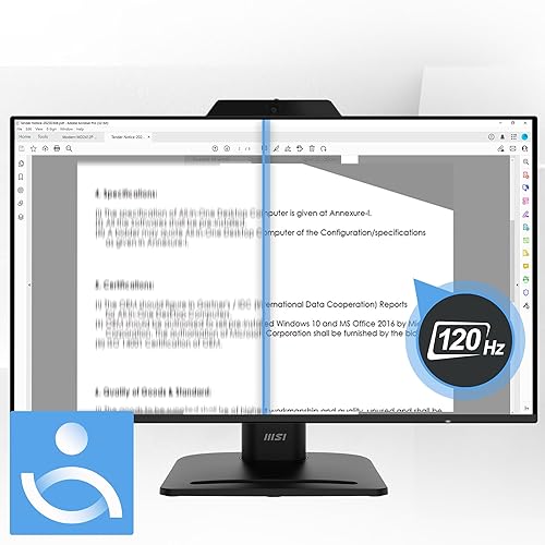 MSI PRO MP272PMG, 24-inch IPS 1920 x 1080 (FHD) Computer Monitor, 120Hz, Webcam, Adaptive-Synch, EPEAT Silver, HDMI, DisplayPort, VGA Port, VESA Mountable, Tilt, Height Adjustable, Speaker, 1ms, Black