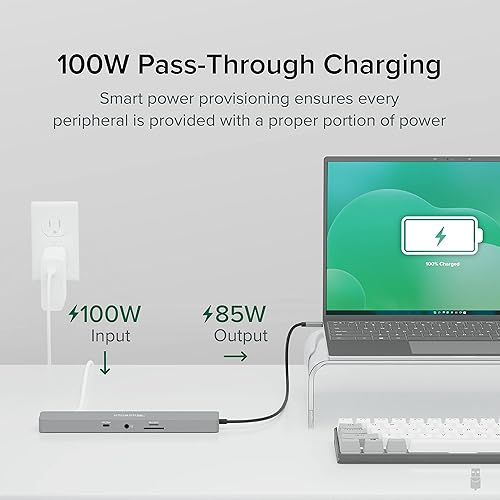 Plugable 11-in-1 USB-C Hub, 100W USB-C Pass-Through, Laptop Docking Station Dual Monitor, 4K 60Hz HDMI, Compatible with Thunderbolt, Windows, Chromebooks, Displays Mirrored on Mac